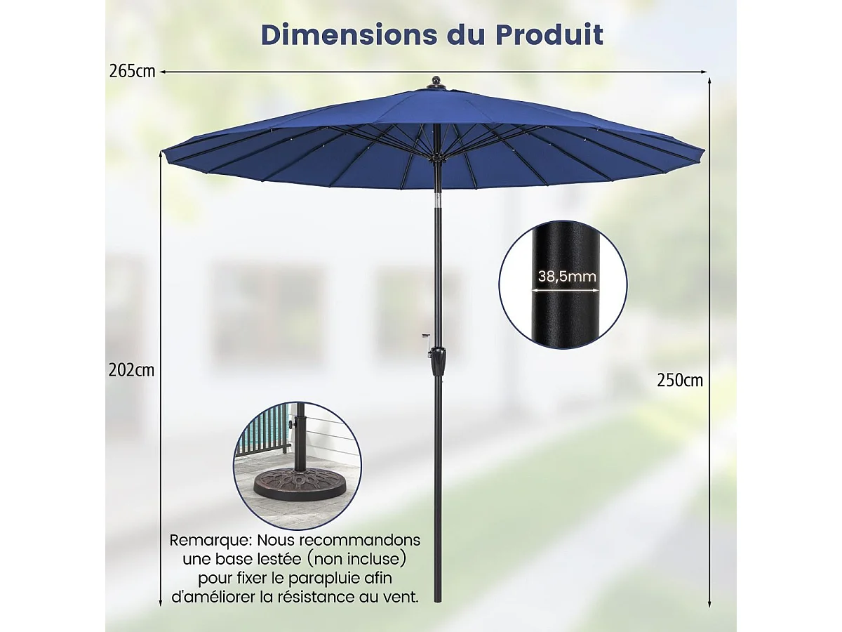 Parasol de Jardin Rond Ø 265CM, Parasol avec 18 Baleines en Fibre de Verre avec Manivelle et Mécanisme d'Inclinaison, Parasol de Terrasse avec Toile Résistante et Poteau en Aluminium (Bleu)