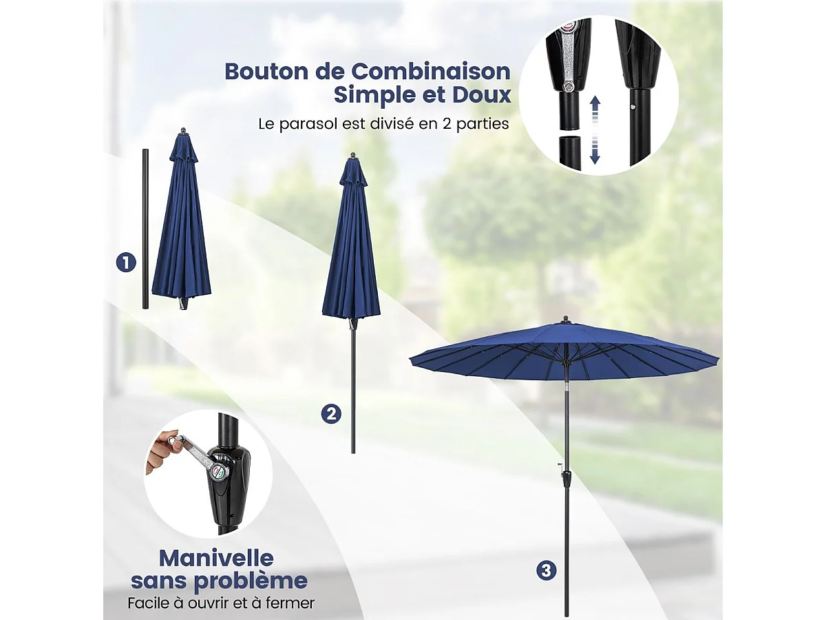 Parasol de Jardin Rond Ø 265CM, Parasol avec 18 Baleines en Fibre de Verre avec Manivelle et Mécanisme d'Inclinaison, Parasol de Terrasse avec Toile Résistante et Poteau en Aluminium (Bleu)