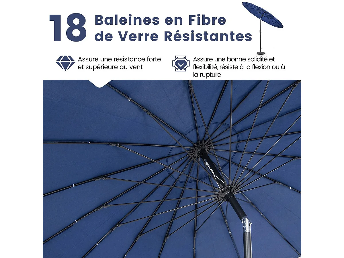 Parasol de Jardin Rond Ø 265CM, Parasol avec 18 Baleines en Fibre de Verre avec Manivelle et Mécanisme d'Inclinaison, Parasol de Terrasse avec Toile Résistante et Poteau en Aluminium (Bleu)