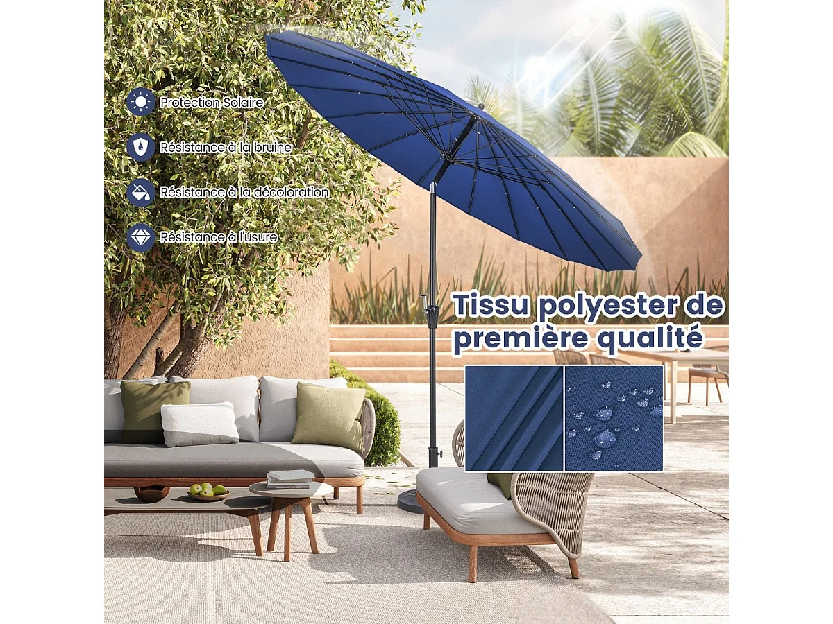 Parasol de Jardin Rond Ø 265CM, Parasol avec 18 Baleines en Fibre de Verre avec Manivelle et Mécanisme d'Inclinaison, Parasol de Terrasse avec Toile Résistante et Poteau en Aluminium (Bleu)