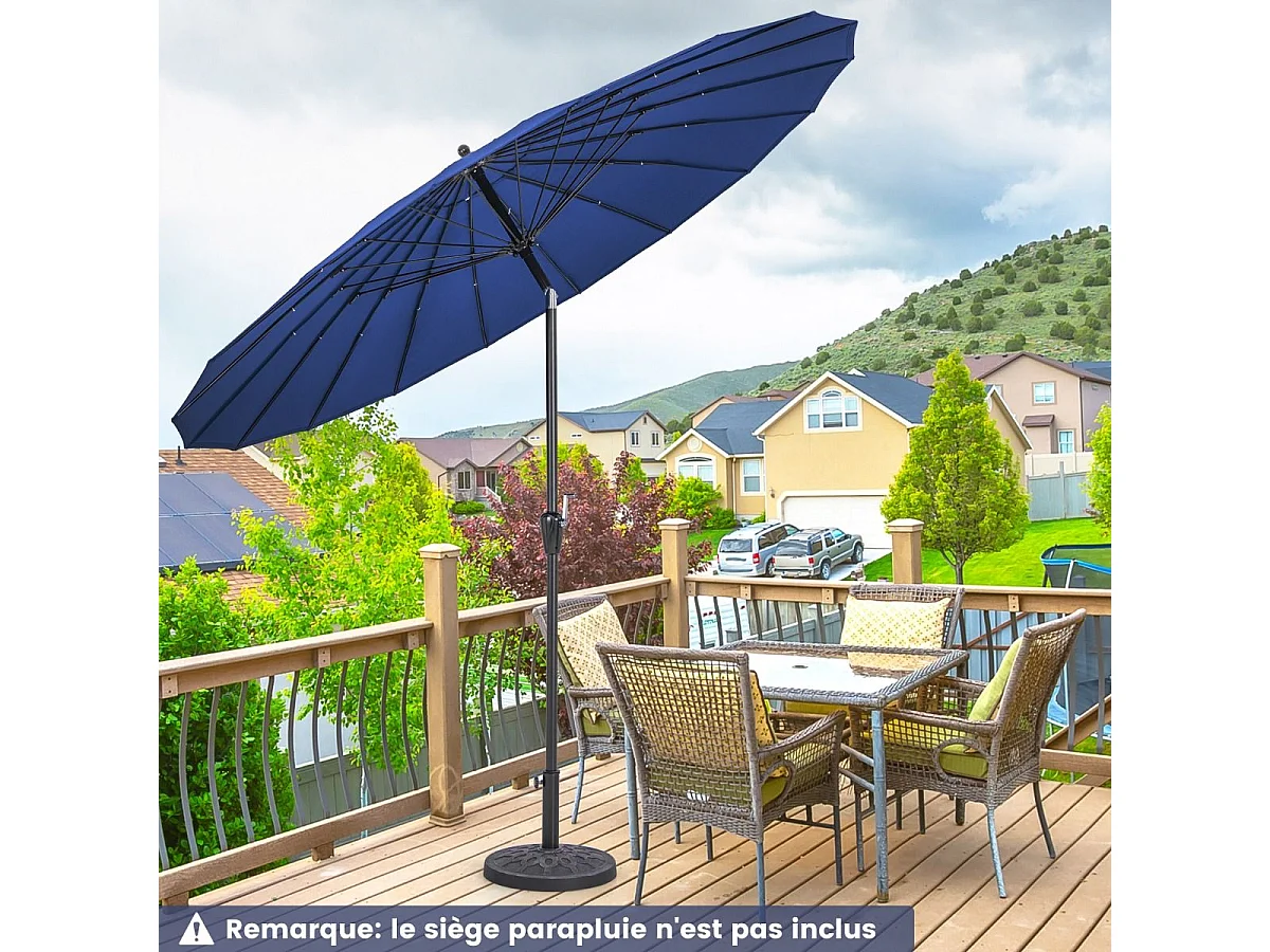 Parasol de Jardin Rond Ø 265CM, Parasol avec 18 Baleines en Fibre de Verre avec Manivelle et Mécanisme d'Inclinaison, Parasol de Terrasse avec Toile Résistante et Poteau en Aluminium (Bleu)