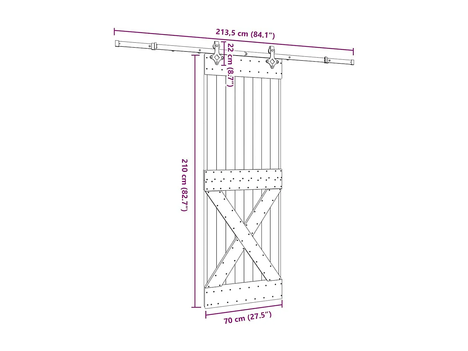 Porte coulissante et kit de quincaillerie 70x210 cm pin massif