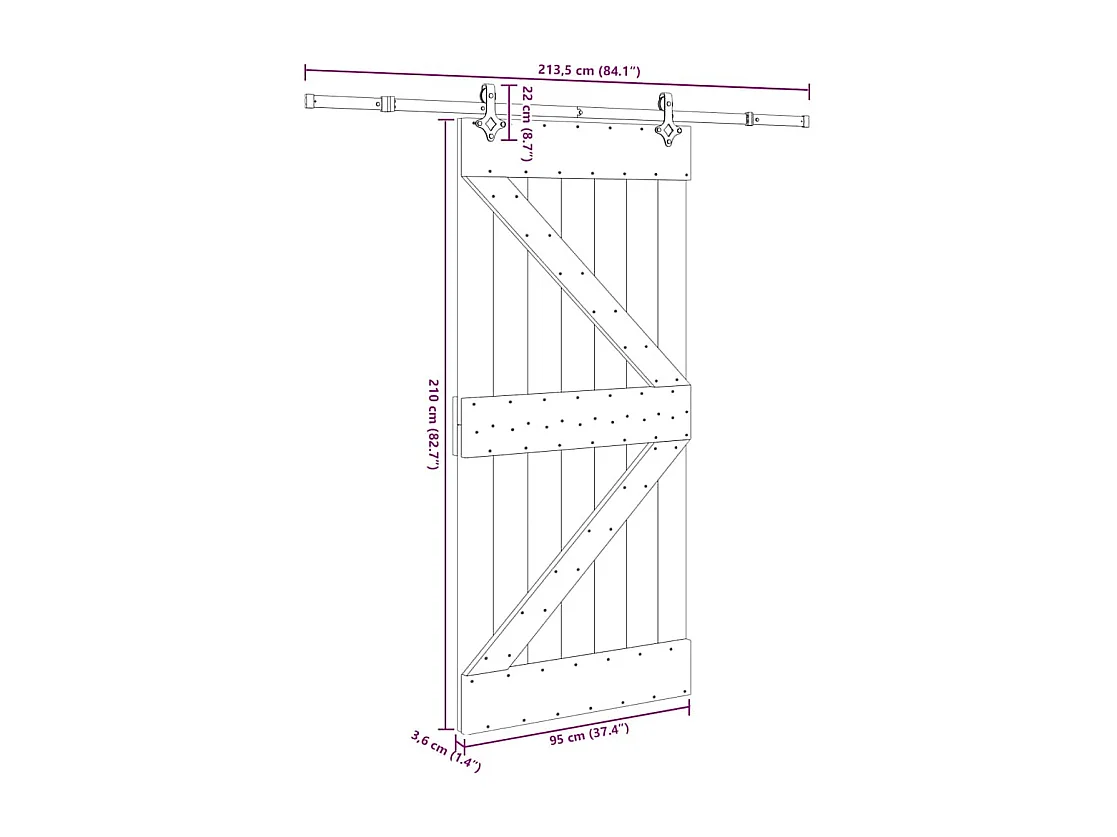 Porte coulissante et kit de quincaillerie 95x210 cm pin massif