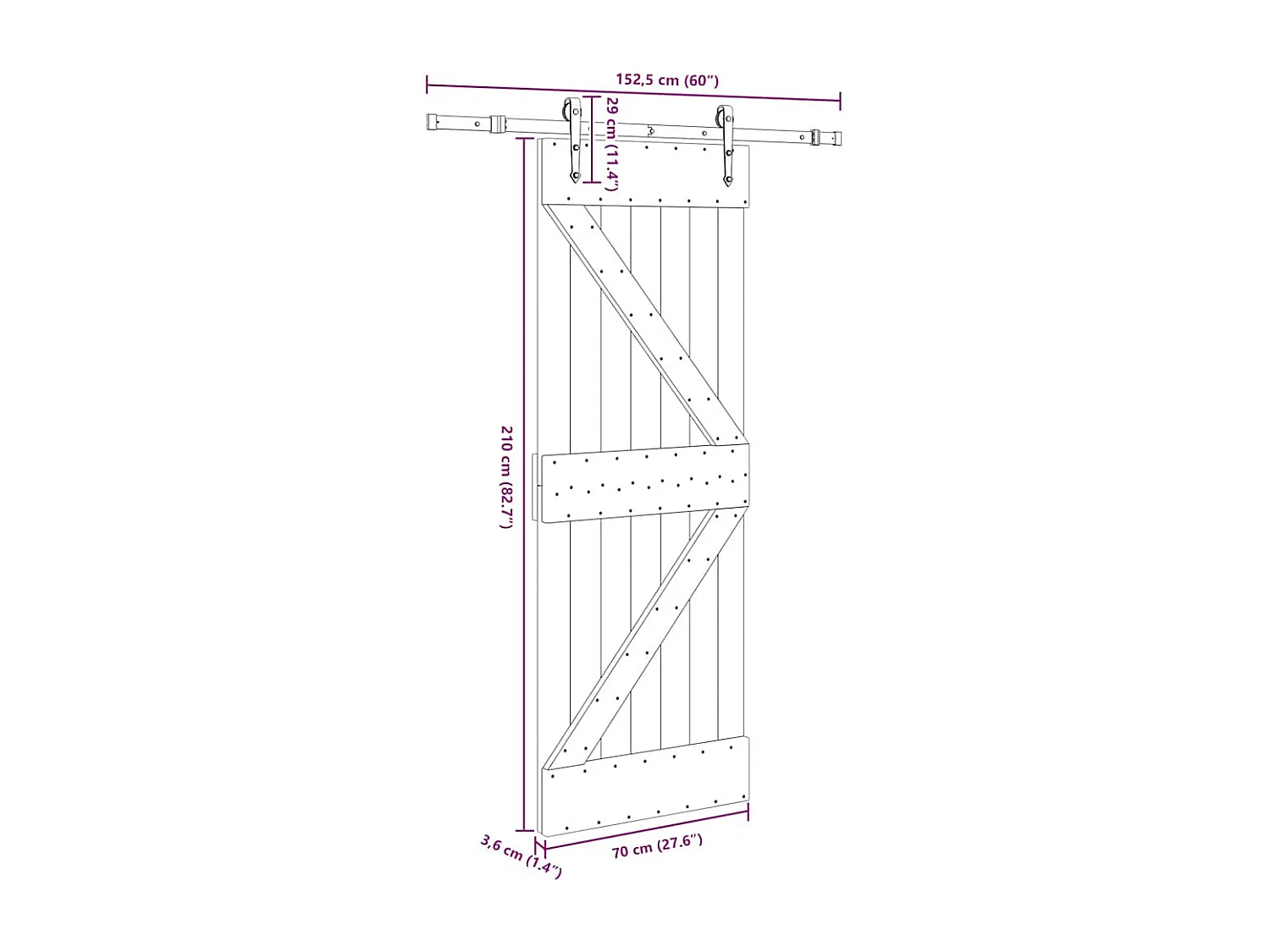 Porte coulissante et kit de quincaillerie 70x210 cm pin massif