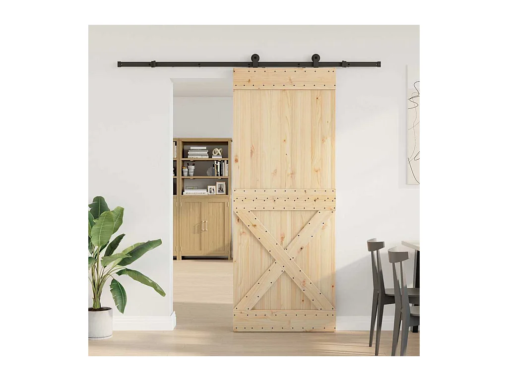 Porte coulissante et kit de quincaillerie 90x210 cm pin massif