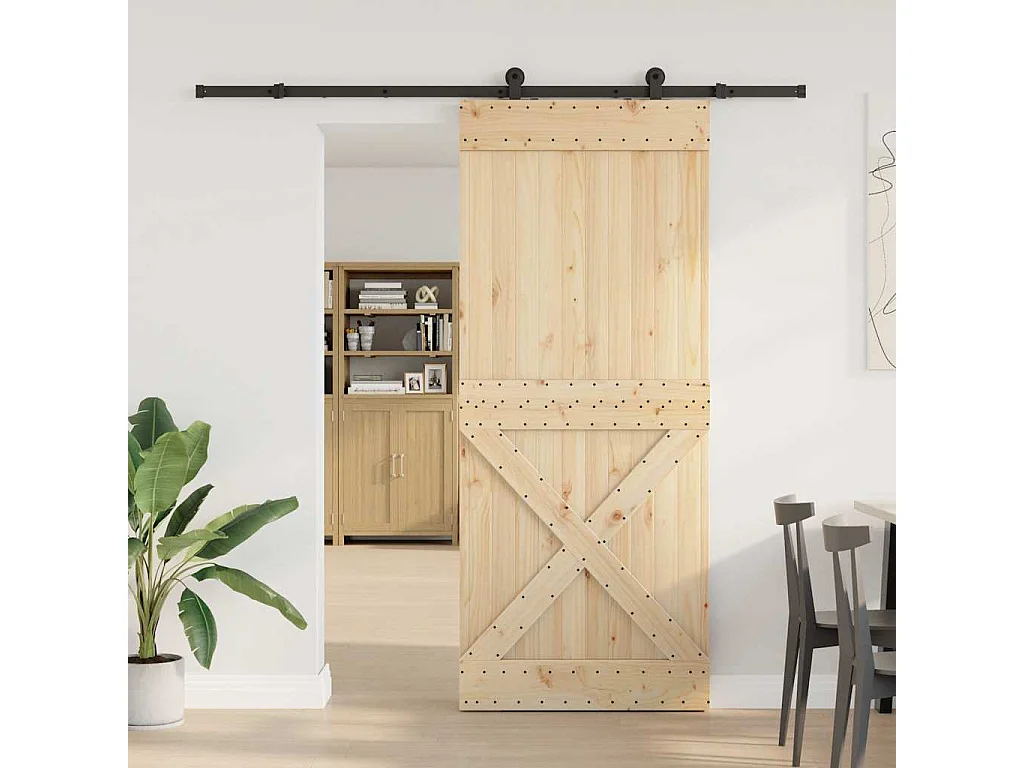Porta Scorrevole con Set Hardware 95x210 cm Legno Massello Pino