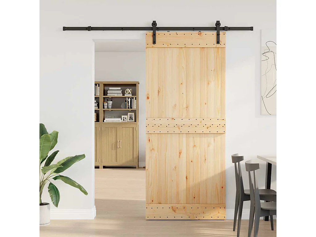 Porta Scorrevole con Set Hardware 90x210 cm Legno Massello Pino