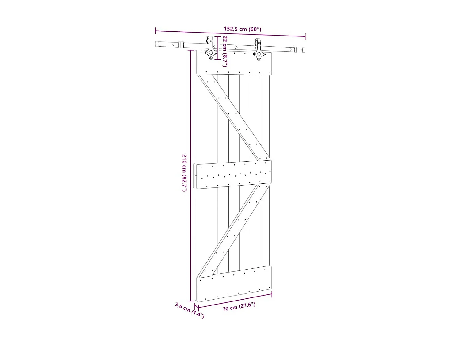Porte coulissante et kit de quincaillerie 70x210 cm pin massif