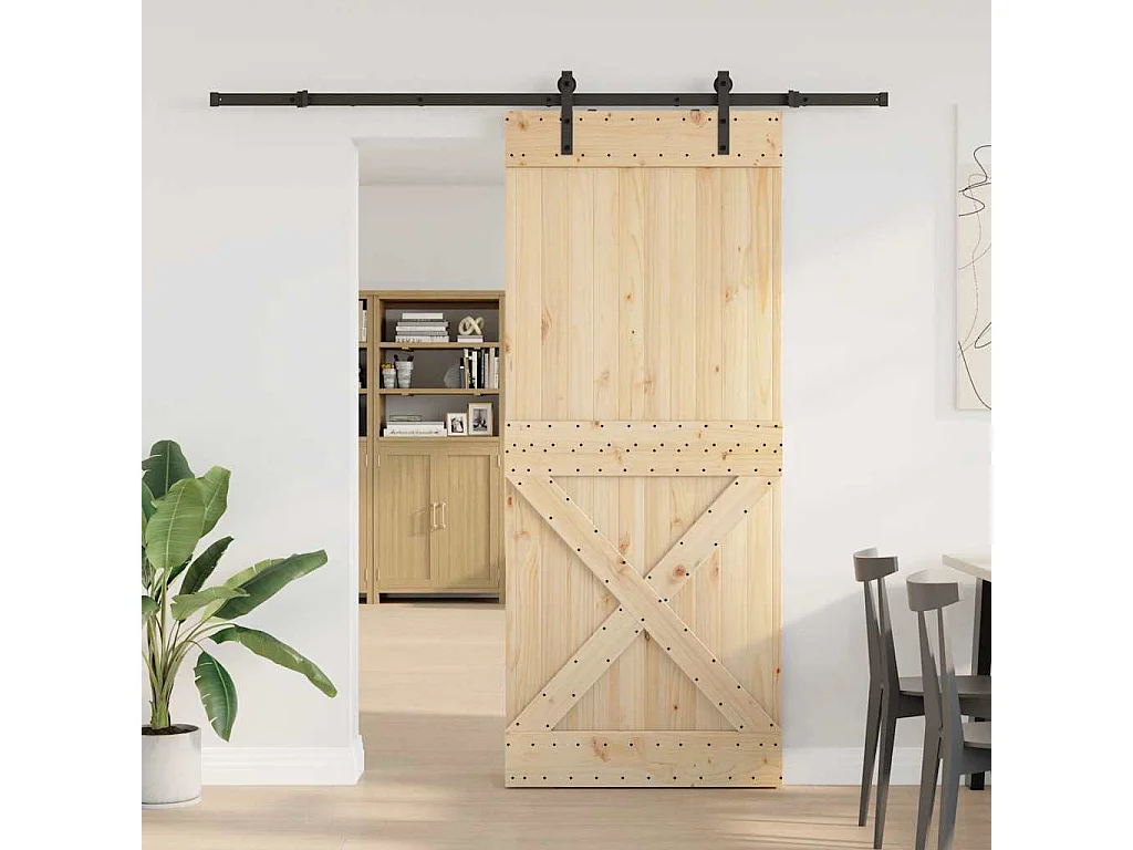 Porte coulissante et kit de quincaillerie 95x210 cm pin massif