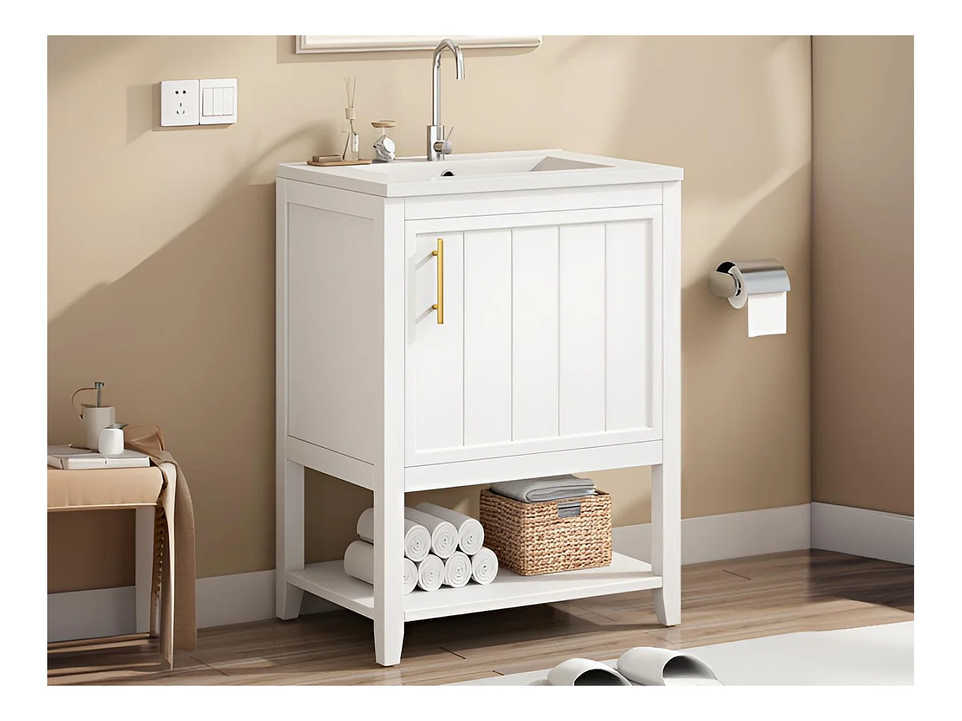 Meuble de salle de bain avec vasque en céramique - avec rangements - Blanc(robinet non inclus)