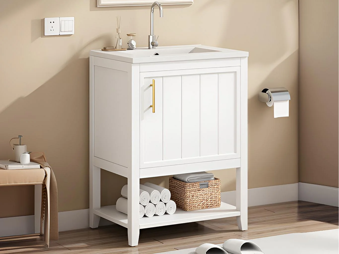 Meuble de salle de bain avec vasque en céramique - avec rangements - Blanc(robinet non inclus)