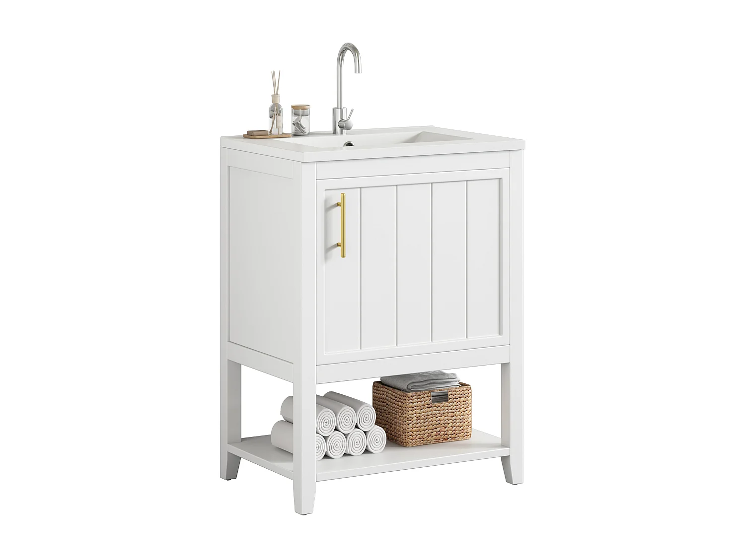 Meuble de salle de bain avec vasque en céramique - avec rangements - Blanc(robinet non inclus)