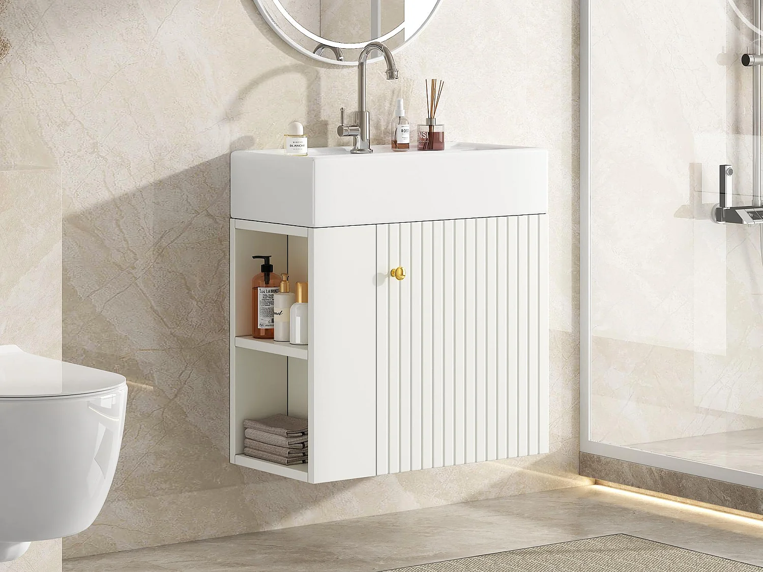 Meuble de salle de bain suspendu avec vasque carreé - 4 compartimrnts - Blanc(robinet non inclus)