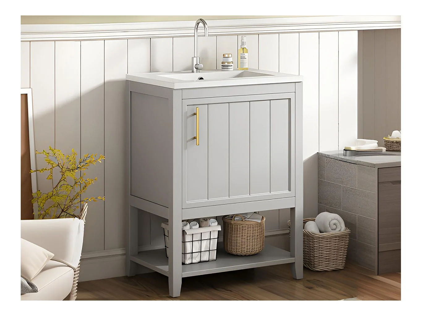Meuble de salle de bain avec vasque en céramique - avec rangements - Gris(robinet non inclus)