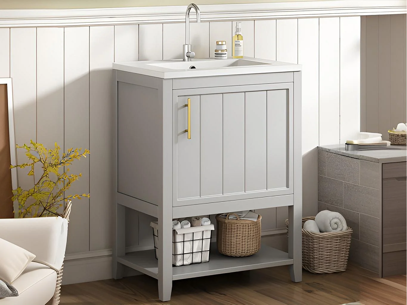 Meuble de salle de bain avec vasque en céramique - avec rangements - Gris(robinet non inclus)