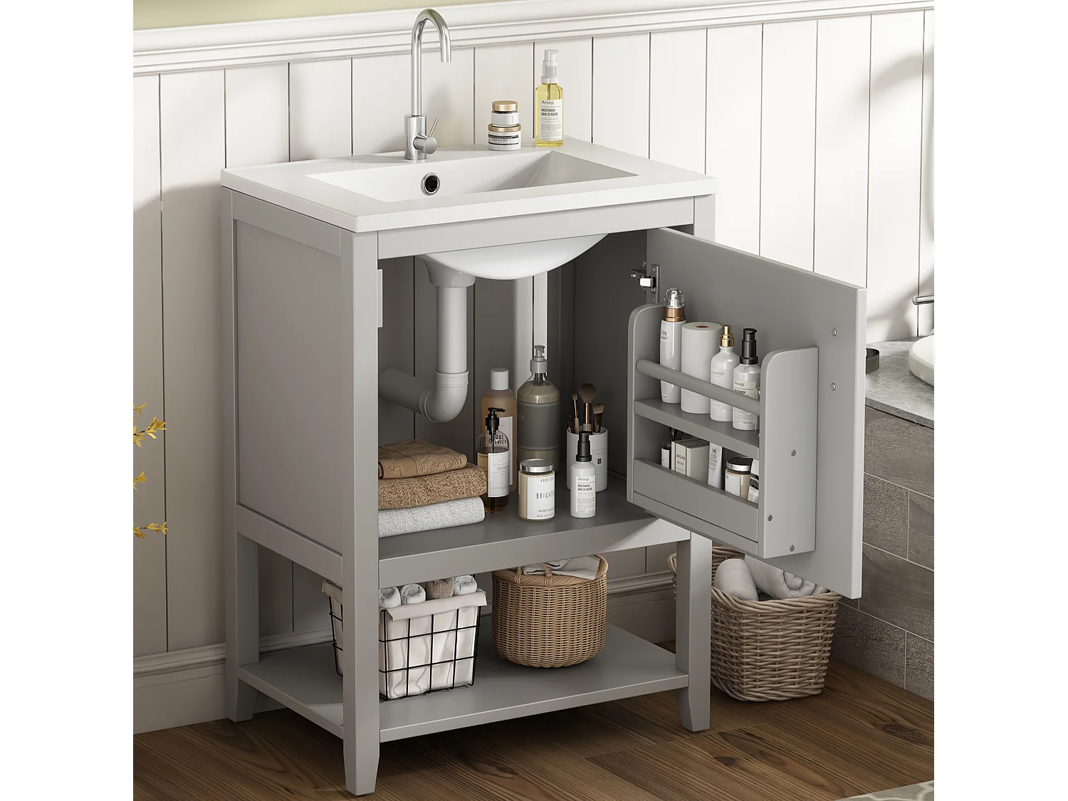 Meuble de salle de bain avec vasque en céramique - avec rangements - Gris(robinet non inclus)