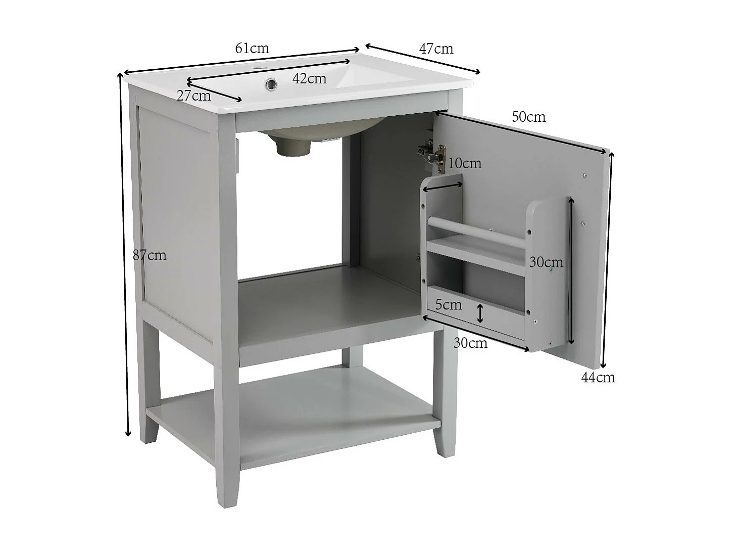 Meuble de salle de bain avec vasque en céramique - avec rangements - Gris(robinet non inclus)