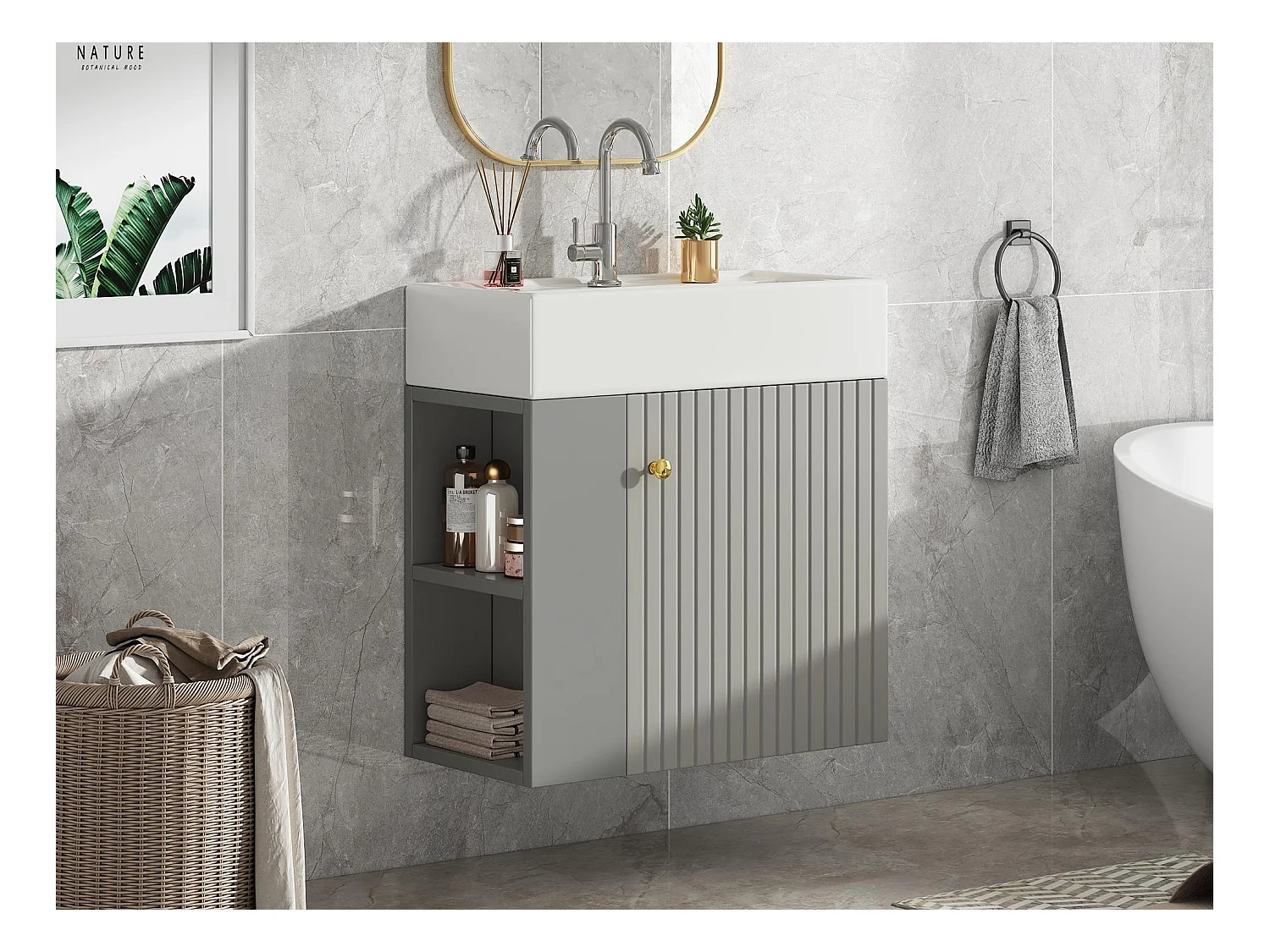 Meuble de salle de bain suspendu avec vasque carreé - 4 compartimrnts - Gris(robinet non inclus)