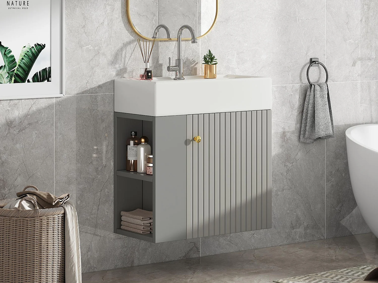 Meuble de salle de bain suspendu avec vasque carreé - 4 compartimrnts - Gris(robinet non inclus)