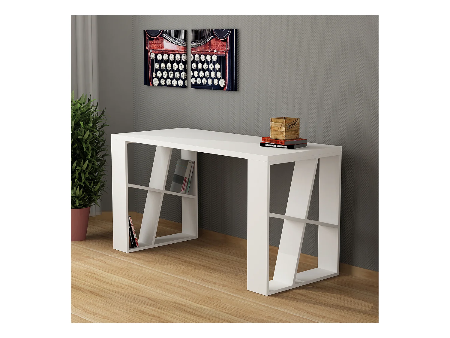 Decortie Wit 60x137x75cm Werkbureau met Plankopslag Spaanplaat Rechthoekige Bureautafel Honey