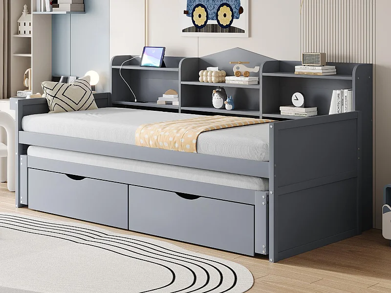 90 x 200 cm großes Schlafsofa aus Holz – mit 90 x 190 cm großem Ausziehbett und 2 Schubladen – mit USB-Anschluss – Grau