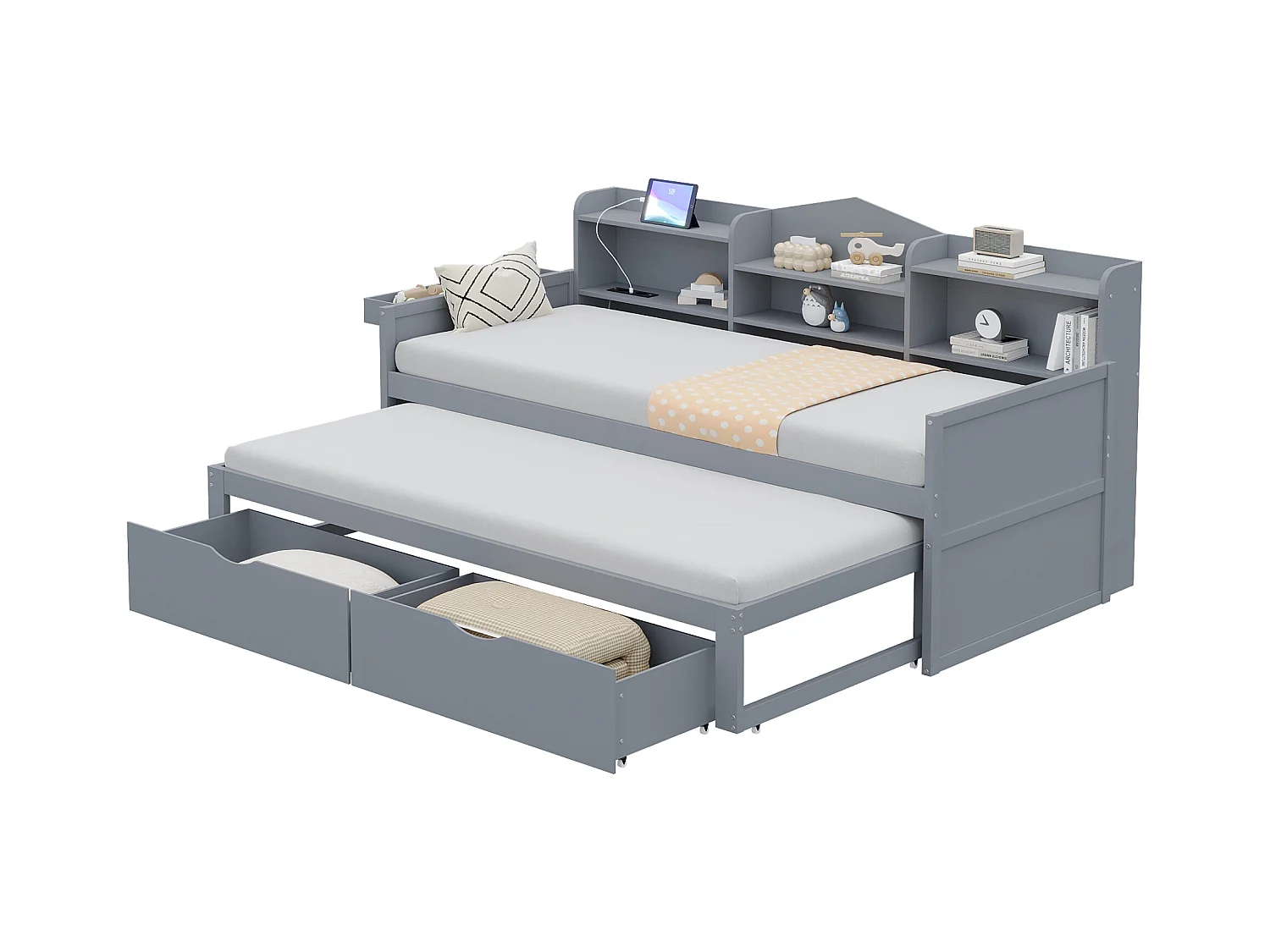 Lit banquette 90x200cm en bois - avec lit gigogne 90x190cm et 2 tiroirs - avec prise USB - Gris