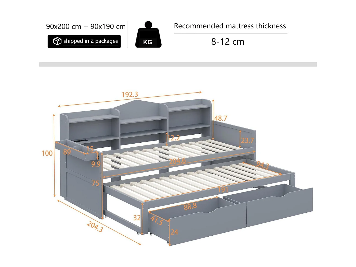 Lit banquette 90x200cm en bois - avec lit gigogne 90x190cm et 2 tiroirs - avec prise USB - Gris