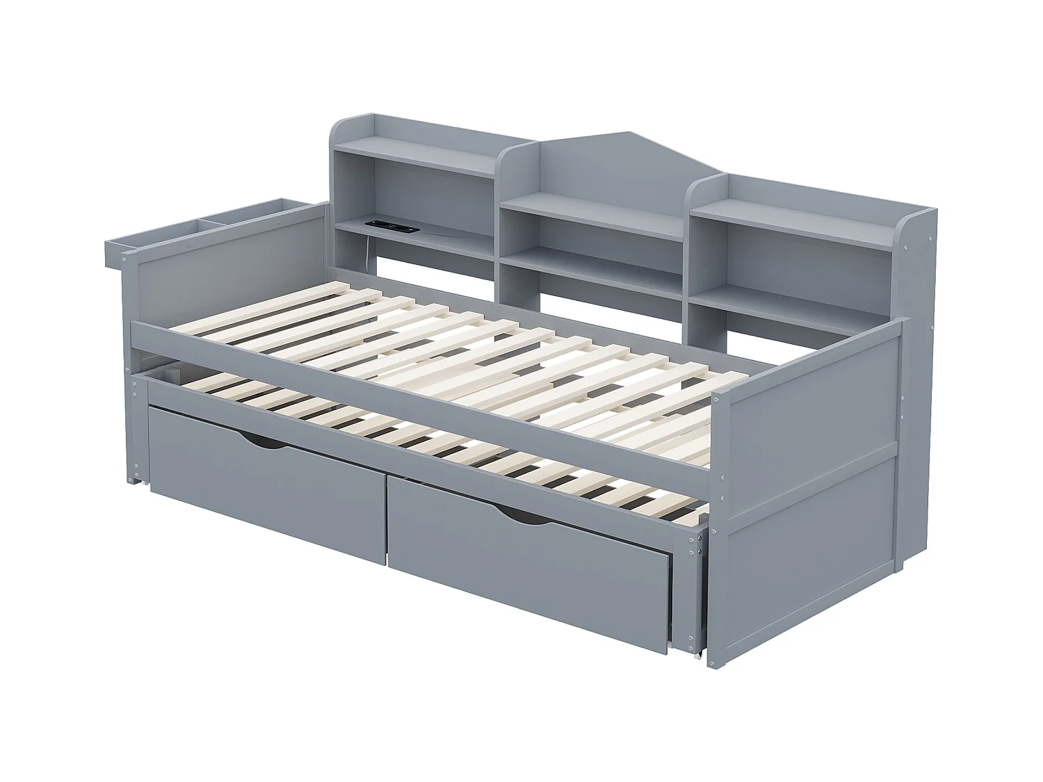 Lit banquette 90x200cm en bois - avec lit gigogne 90x190cm et 2 tiroirs - avec prise USB - Gris