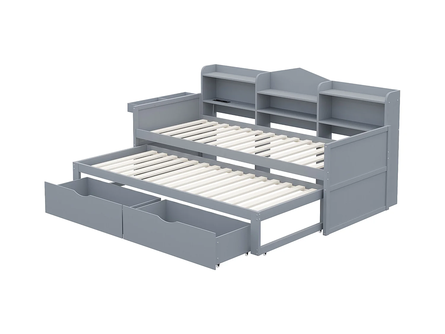 Lit banquette 90x200cm en bois - avec lit gigogne 90x190cm et 2 tiroirs - avec prise USB - Gris