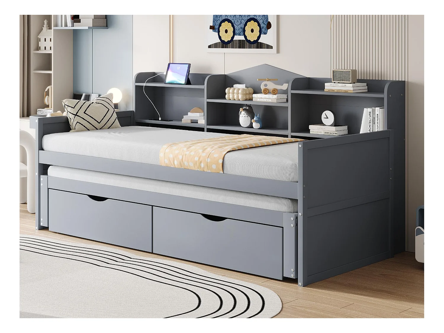 Lit banquette 90x200cm en bois - avec lit gigogne 90x190cm et 2 tiroirs - avec prise USB - Gris