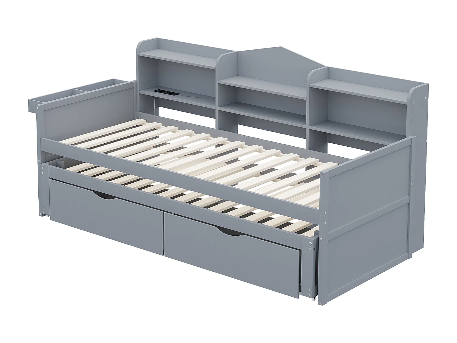 Lit banquette 90x200cm en bois - avec lit gigogne 90x190cm et 2 tiroirs - avec prise USB - Gris