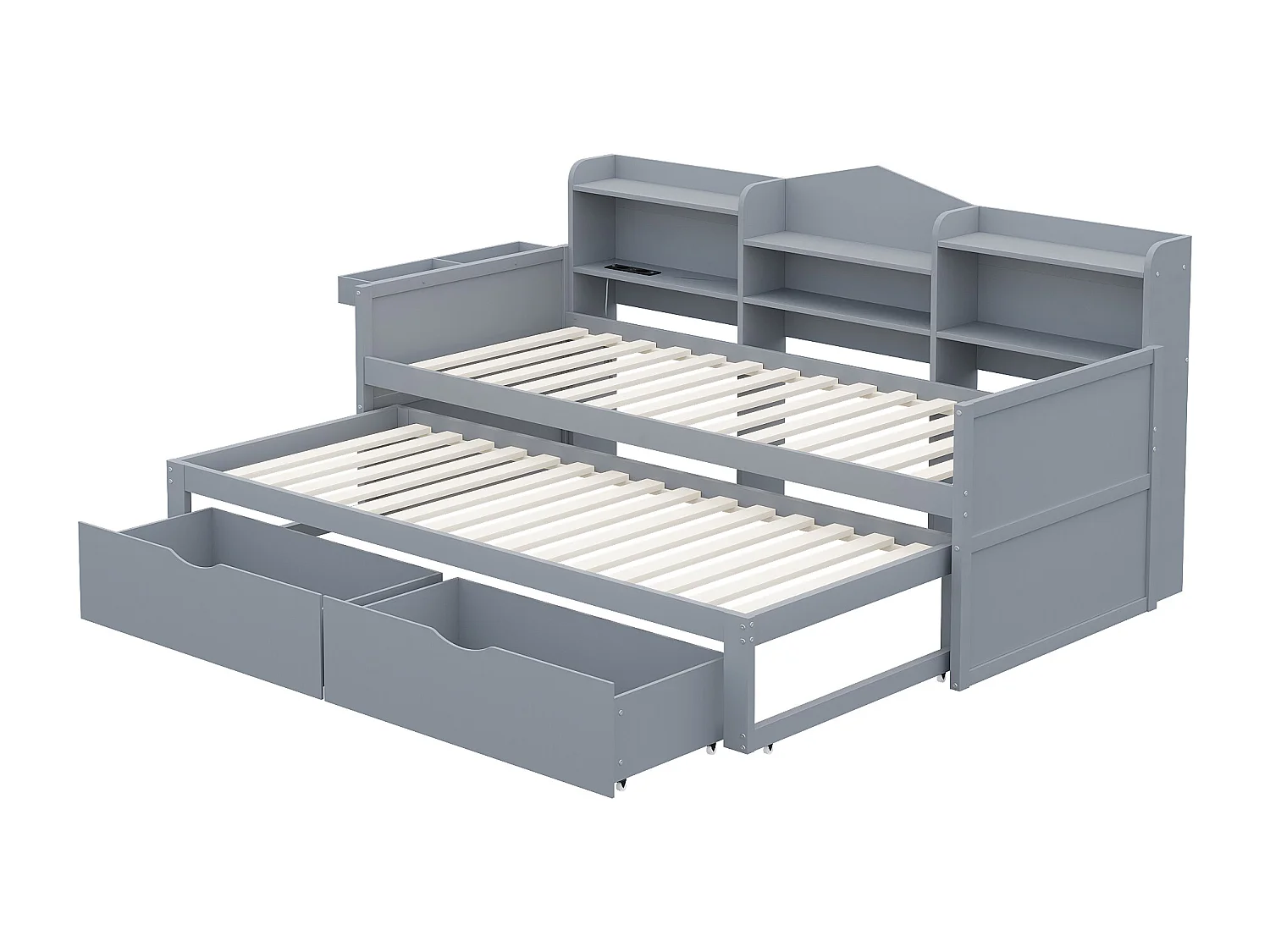 Lit banquette 90x200cm en bois - avec lit gigogne 90x190cm et 2 tiroirs - avec prise USB - Gris