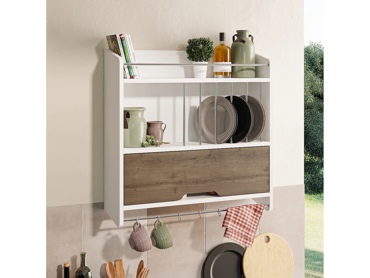 Küchenwandregal Pion-Weiß-Dunkle eiche