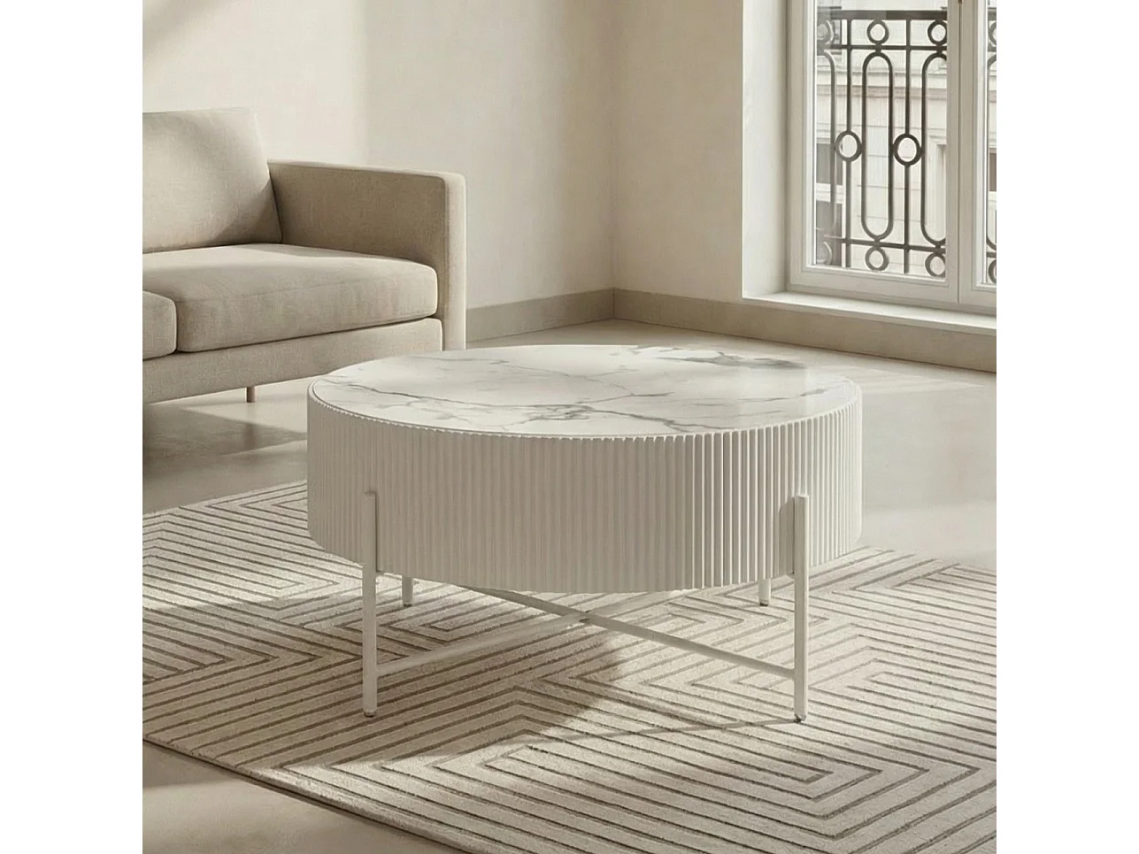 Table basse Milo - Ronde - MDF et marbre - Blanc