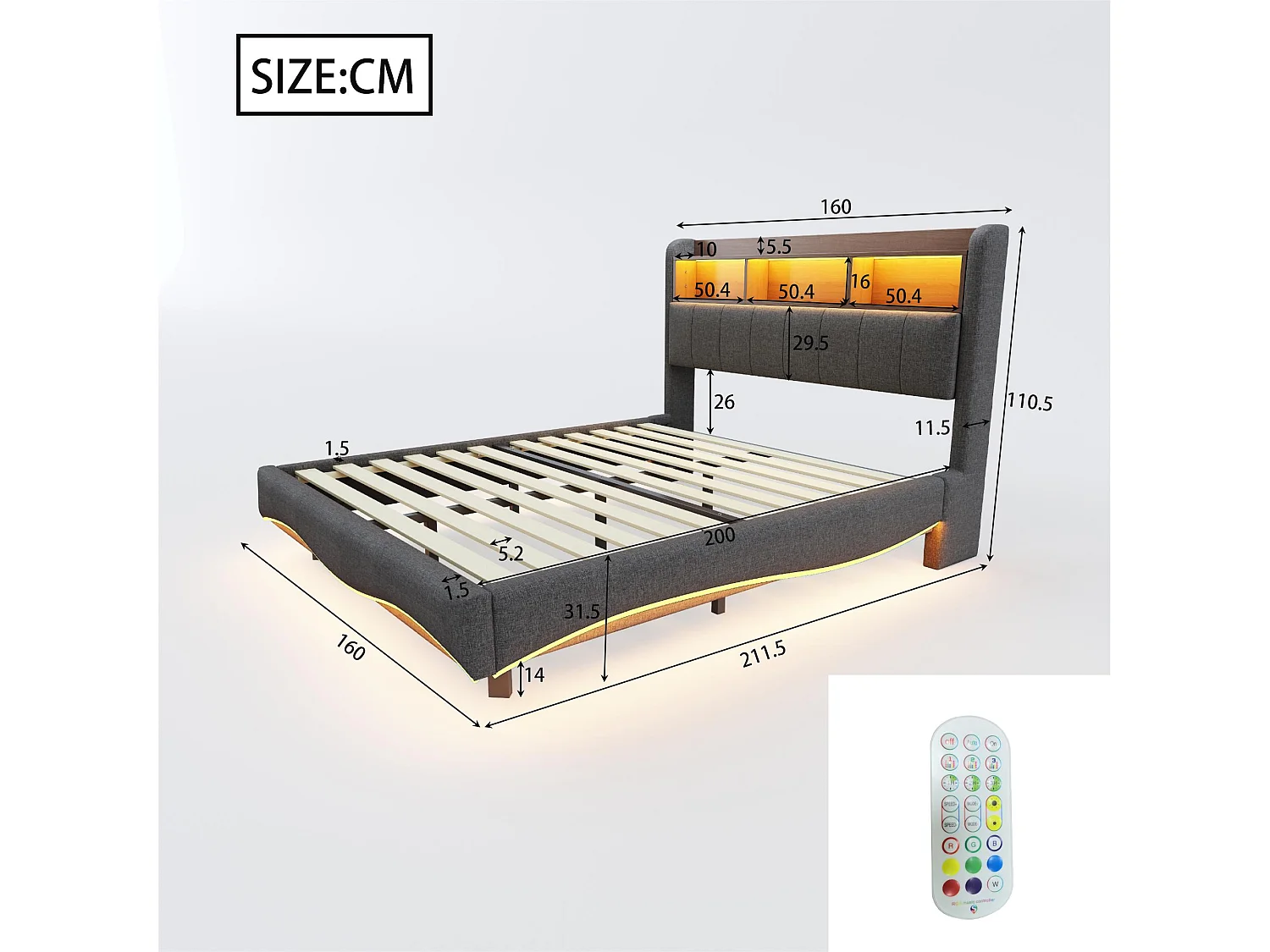 Lit adulte 160x200cm en tissu de lin - tête de lit de rangement avec LED et prises - Gris