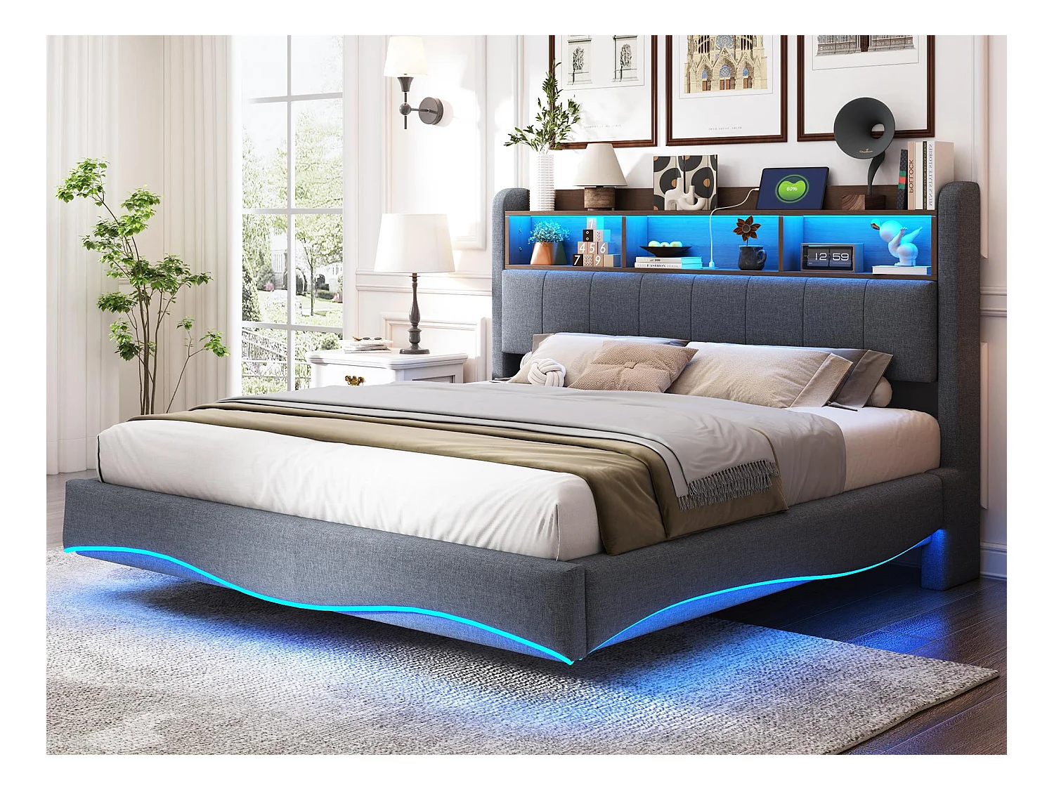 Lit adulte 160x200cm en tissu de lin - tête de lit de rangement avec LED et prises - Gris