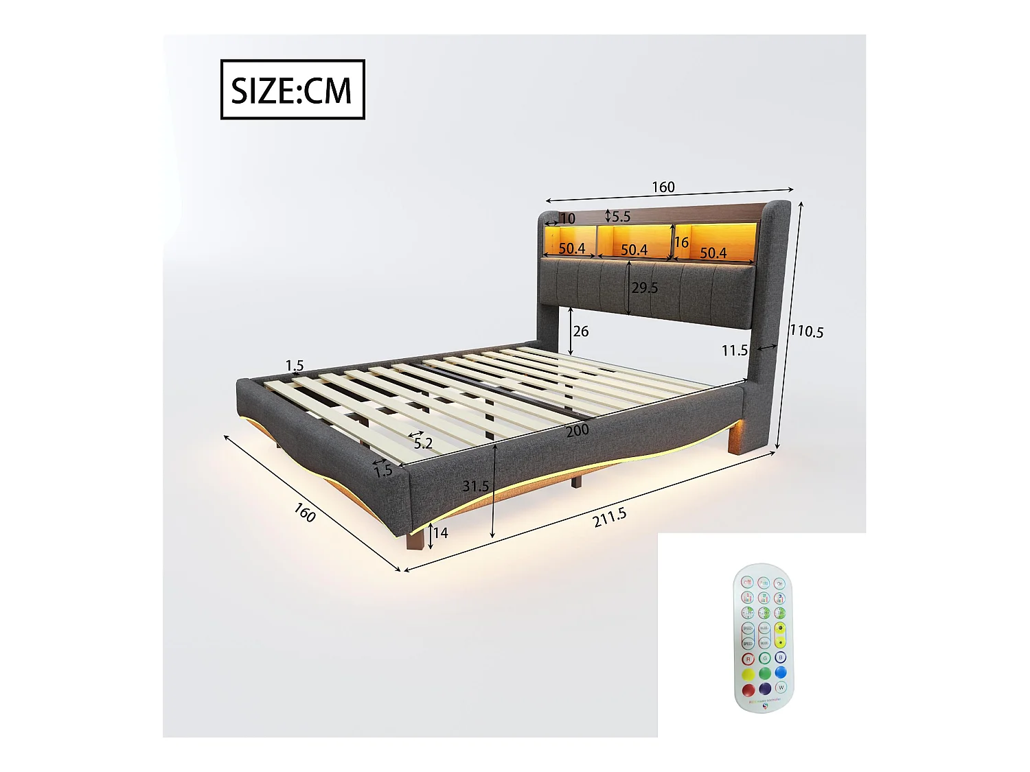 Volwassen bed 160x200cm in linnenstof - opberghoofdeinde met LED en stopcontacten - Grijs