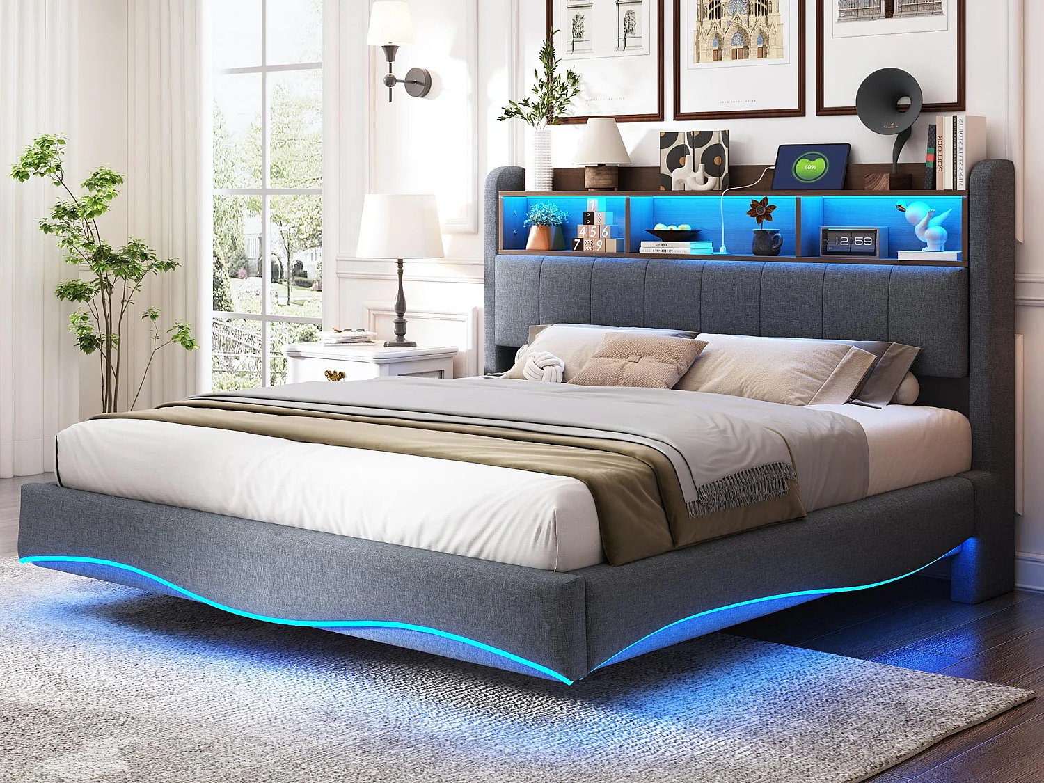 Erwachsenenbett 160 x 200 cm aus Leinenstoff – Kopfteil mit Stauraum, LED und Steckdosen – Grau