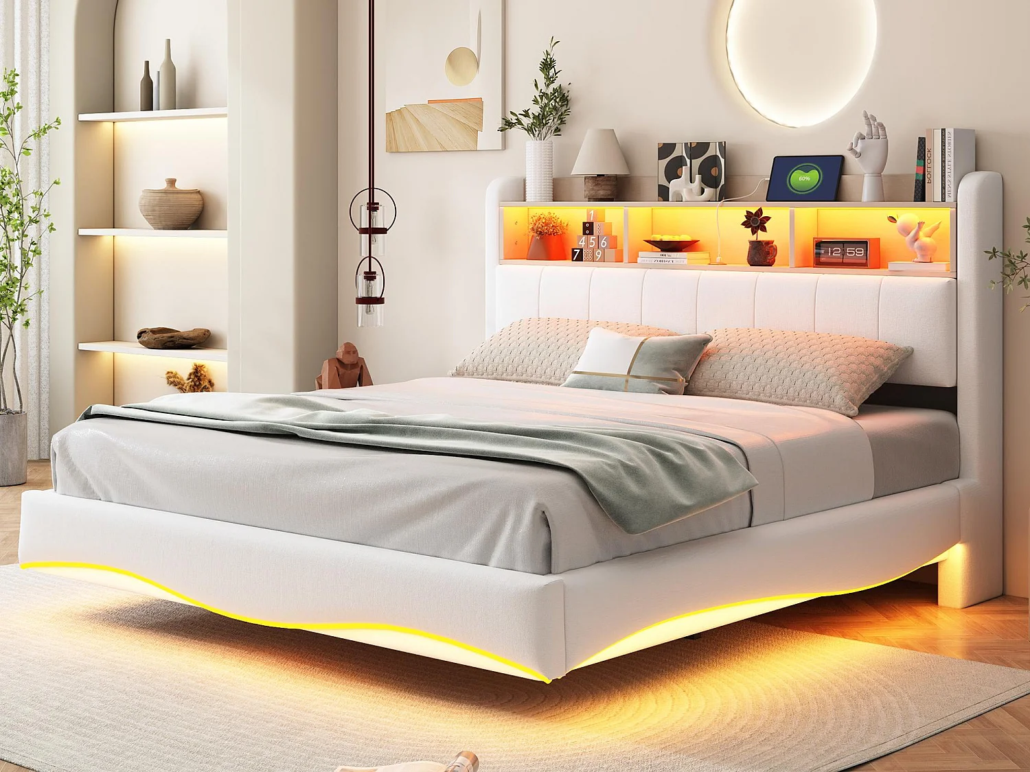 Lit adulte 160x200cm en tissu de lin - tête de lit de rangement avec LED et prises - Beige
