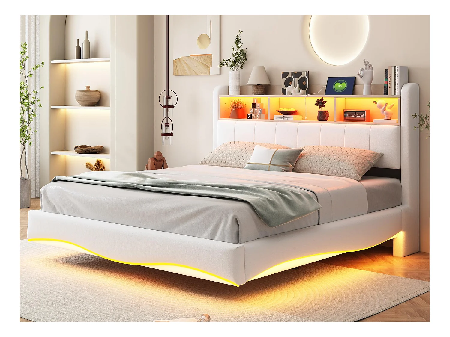 Lit adulte 160x200cm en tissu de lin - tête de lit de rangement avec LED et prises - Beige