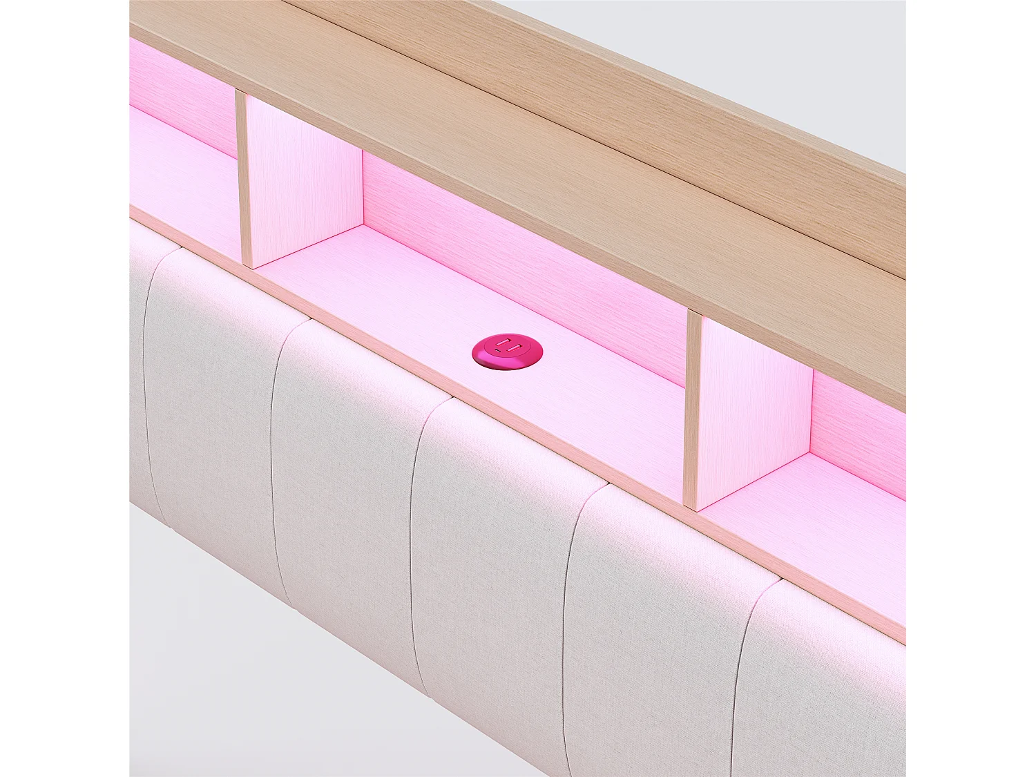 Erwachsenenbett 160 x 200 cm aus Leinenstoff – Kopfteil mit Stauraum, LED und Steckdosen – Beige