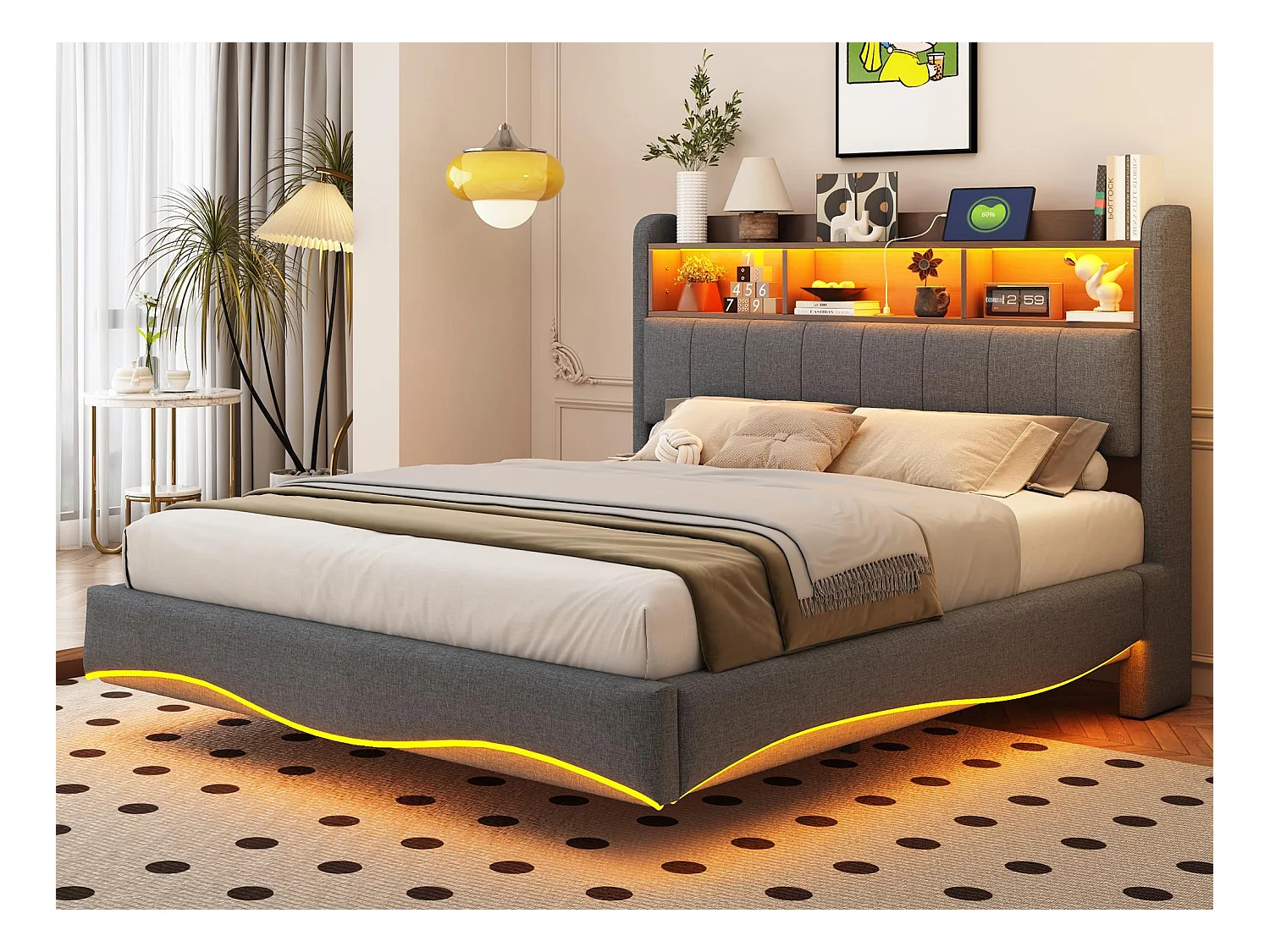 Lit adulte 140x200cm en tissu de lin - tête de lit de rangement avec LED et prises - Gris