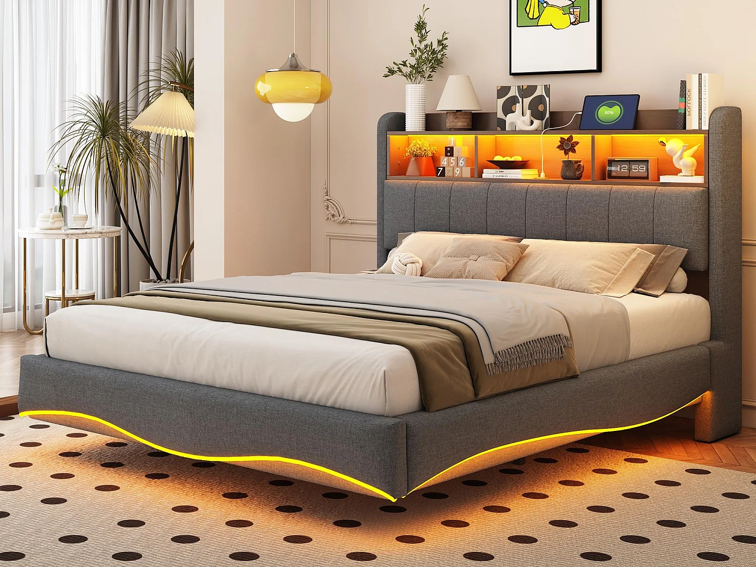 Lit adulte 140x200cm en tissu de lin - tête de lit de rangement avec LED et prises - Gris