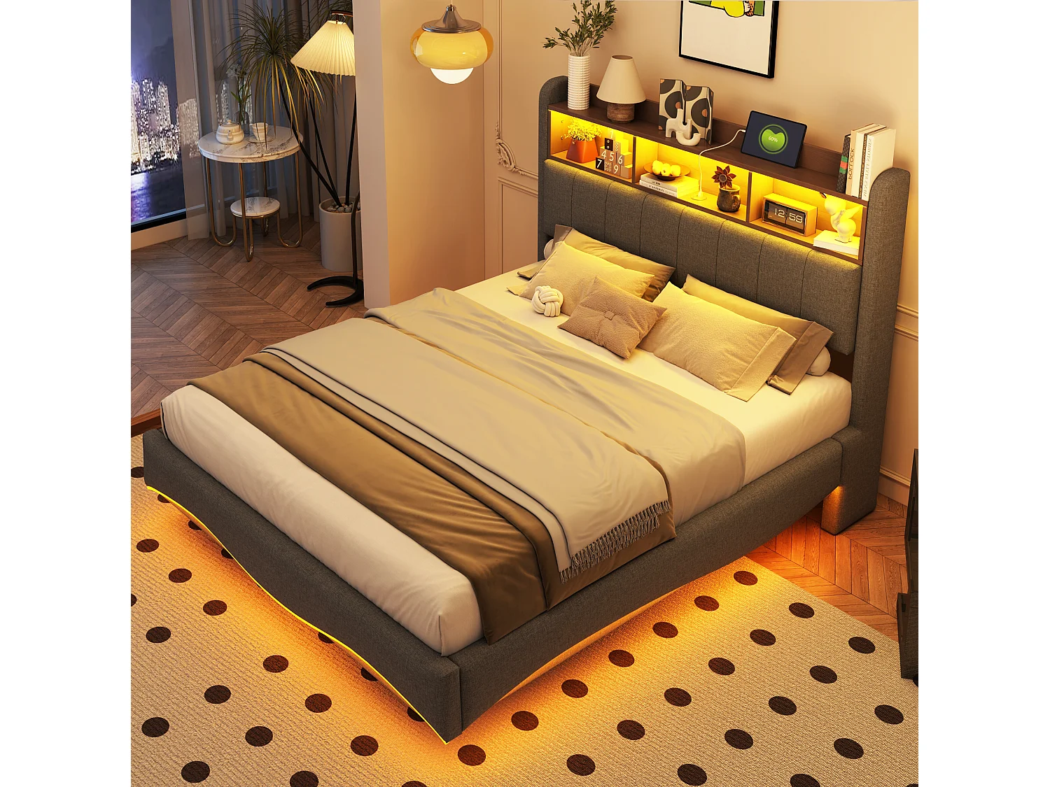 Lit adulte 140x200cm en tissu de lin - tête de lit de rangement avec LED et prises - Gris