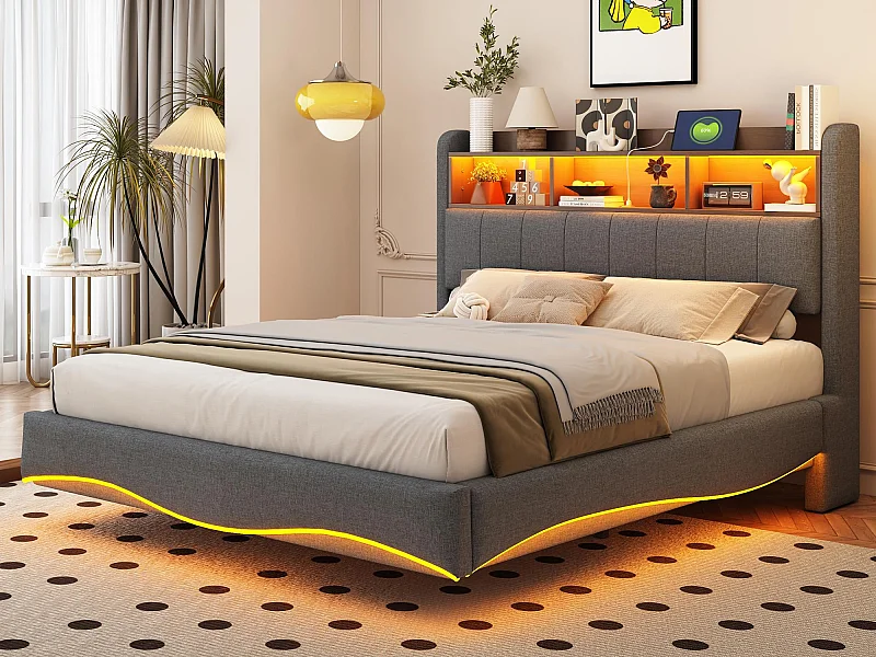 Erwachsenenbett 140 x 200 cm aus Leinenstoff – Kopfteil mit Stauraum, LED und Steckdosen – Grau