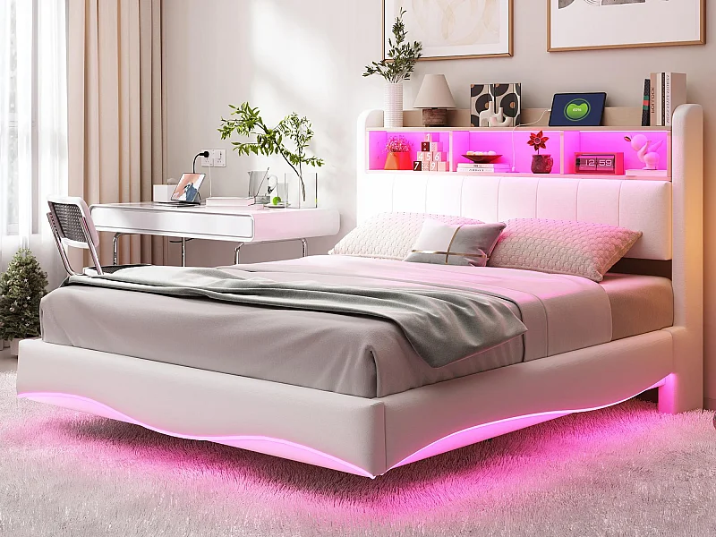 Lit adulte 140x200cm en tissu de lin - tête de lit de rangement avec LED et prises - Beige