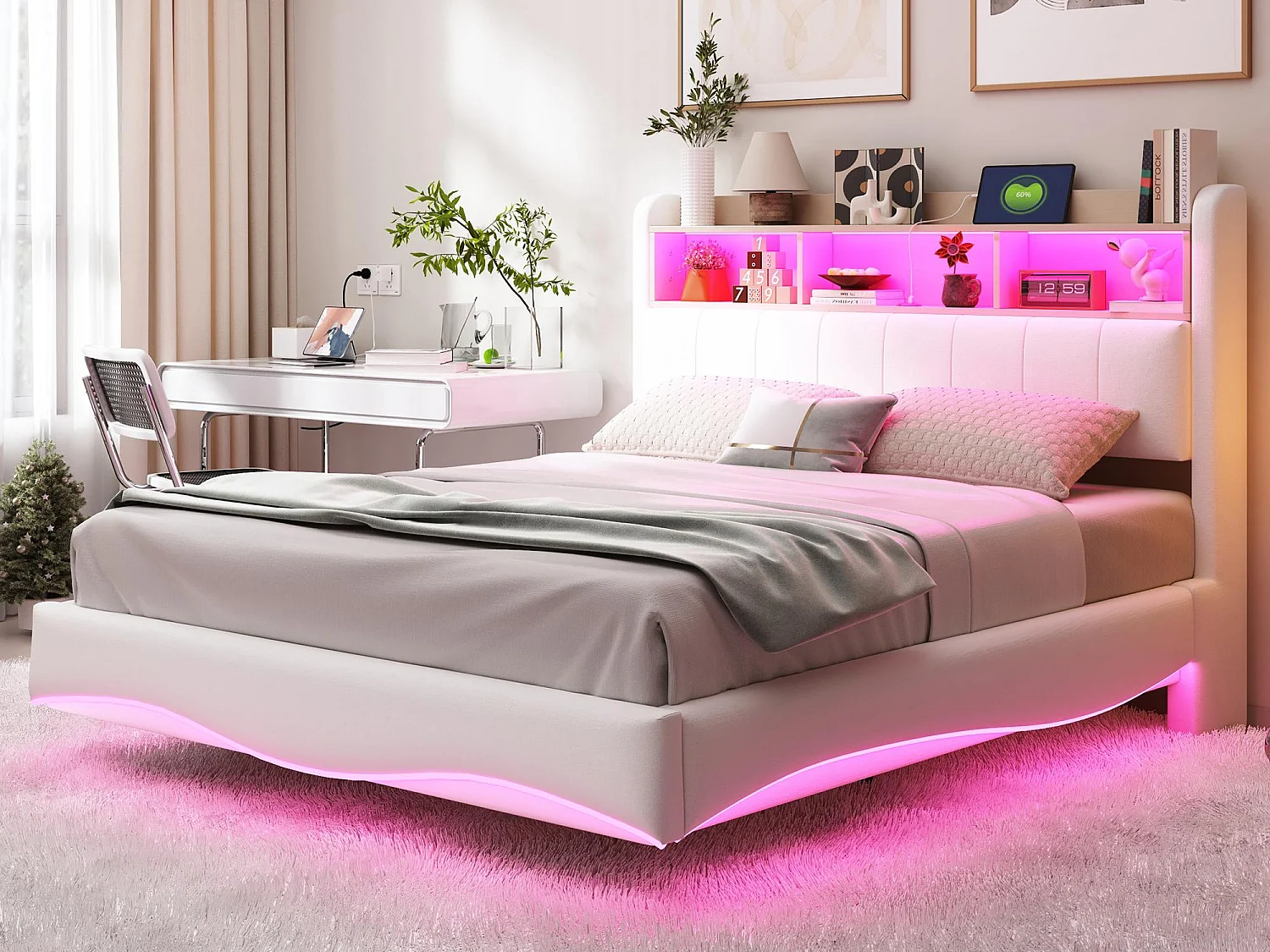 Lit adulte 140x200cm en tissu de lin - tête de lit de rangement avec LED et prises - Beige