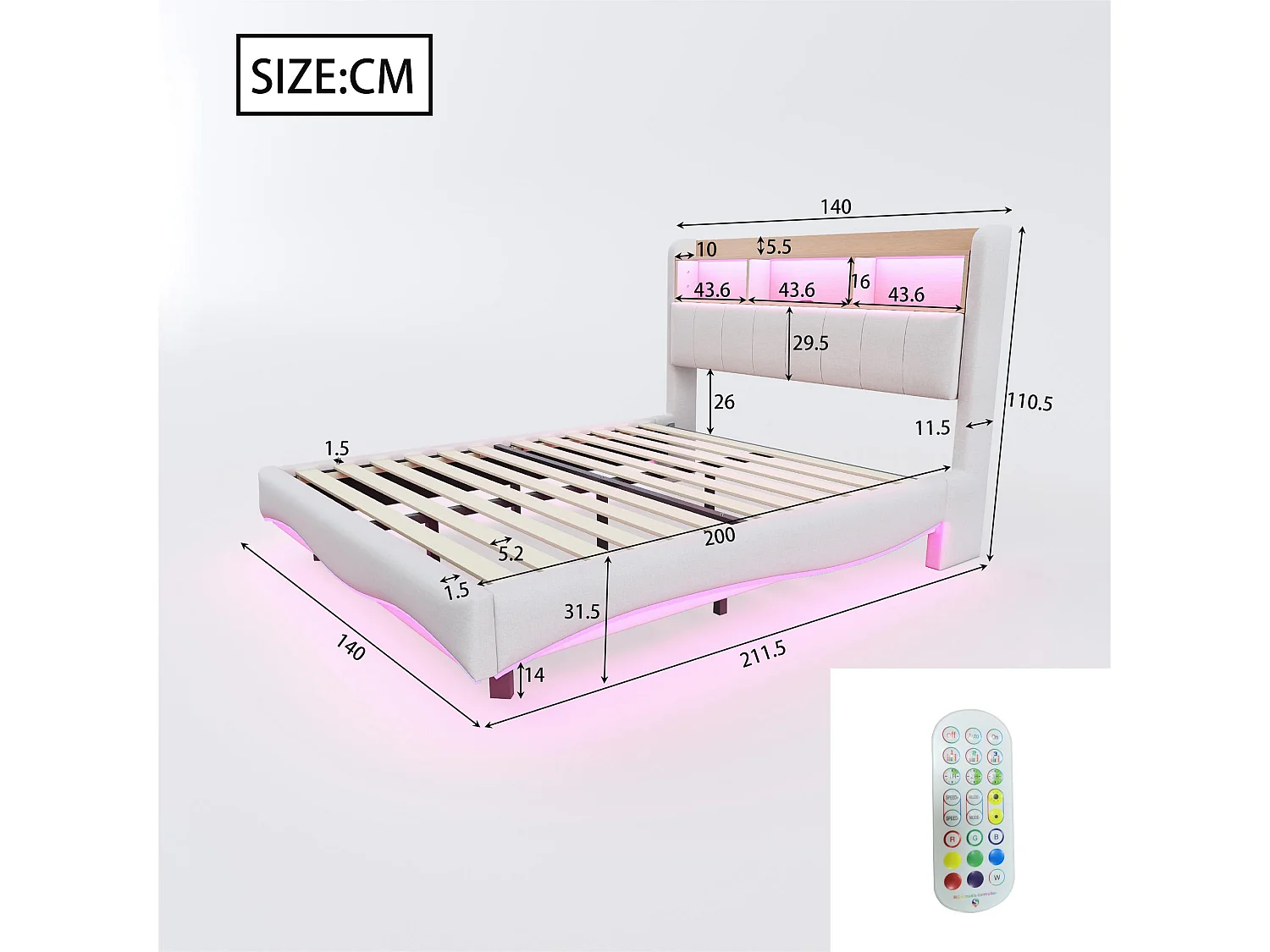 Lit adulte 140x200cm en tissu de lin - tête de lit de rangement avec LED et prises - Beige