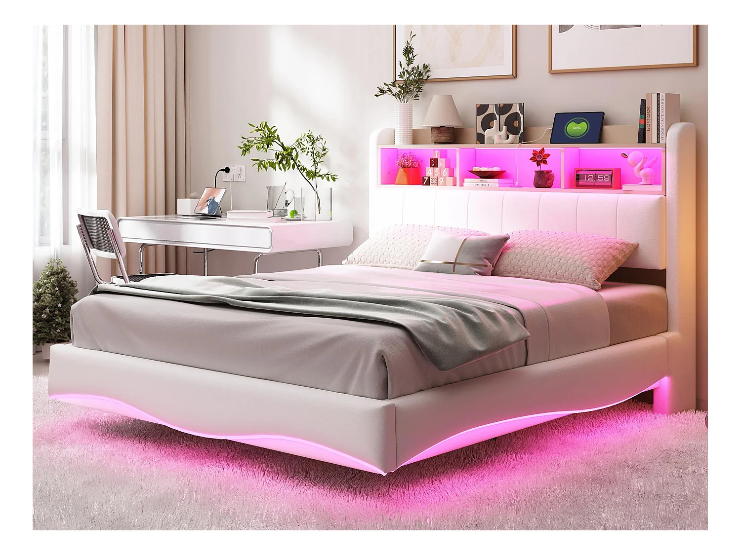 Lit adulte 140x200cm en tissu de lin - tête de lit de rangement avec LED et prises - Beige