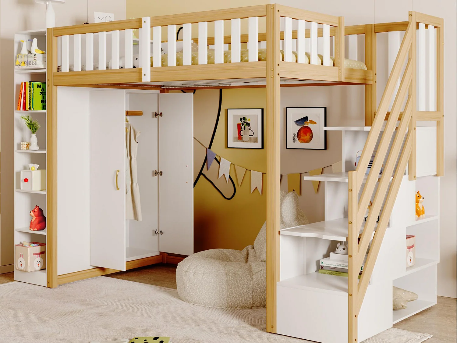 Lit mezzanine 90x200cm en bois - avec penderie、étagères et escalier de rangement - Blanc